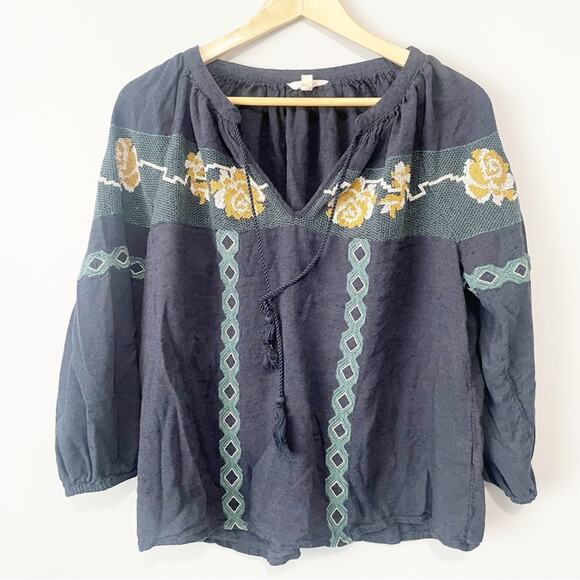 Lucky Brand navy peasant bohemian embroidered top size large - Picture 8 of 8